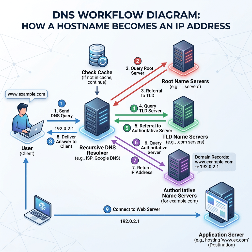 Flowchart illustrating DNS query steps from user request to IP address resolution and web server connection.