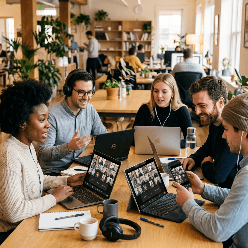 Five coworkers using laptops and a smartphone for a video call in a shared workspace
