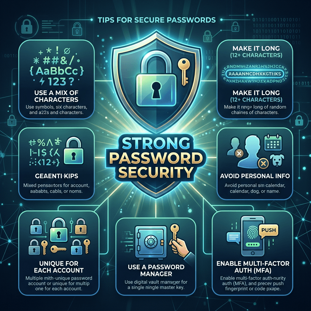 Infographic on tips for strong password security including mix of characters, length, avoiding personal info, unique passwords, password manager, and multi-factor authentication