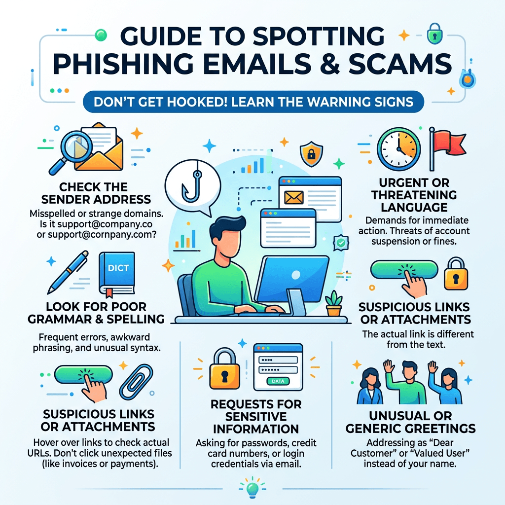 Guide to spotting phishing emails with tips like checking sender address, poor grammar, urgent language, suspicious links, requests for sensitive information, and generic greetings.