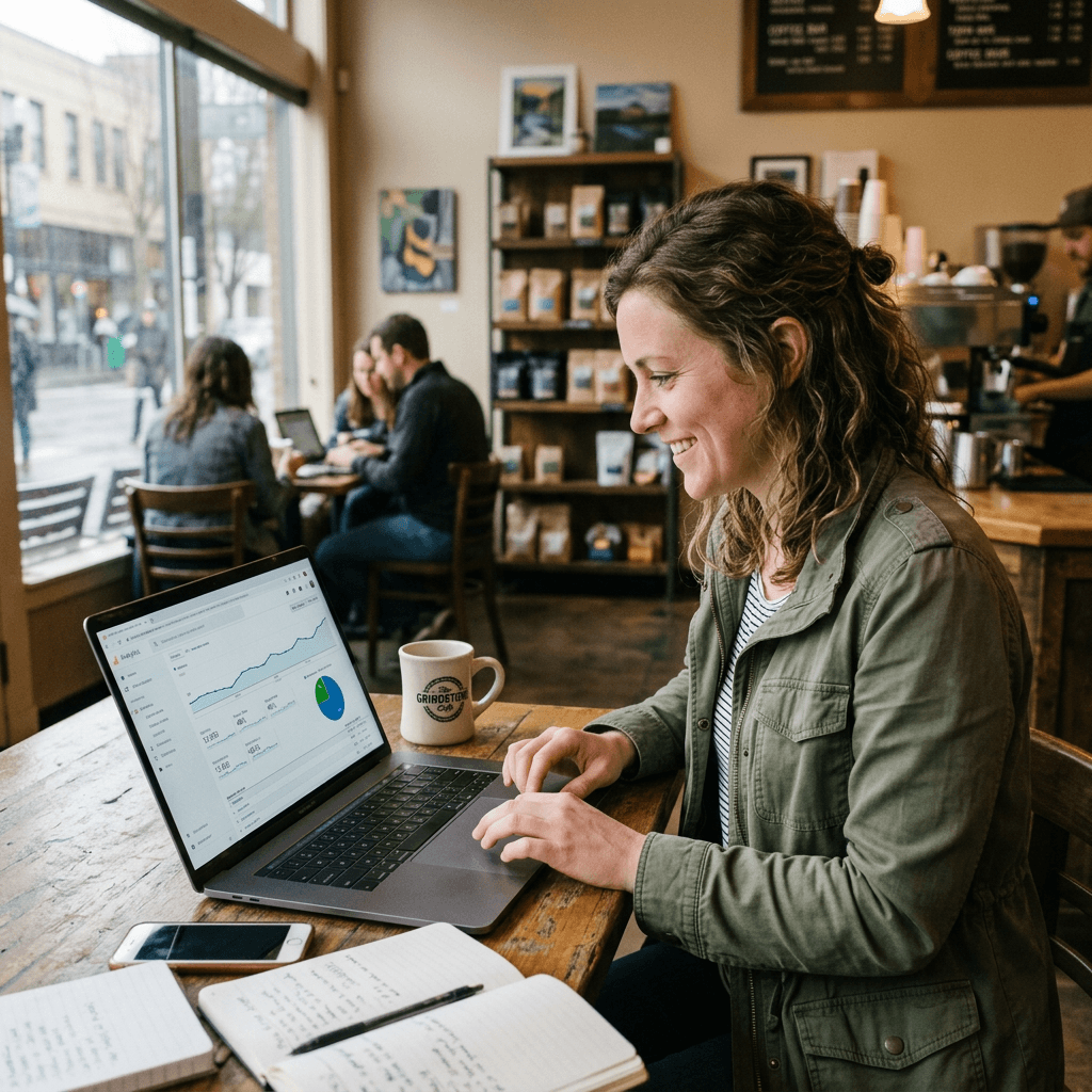 Woman using laptop with data analytics displayed in a coffee shop
