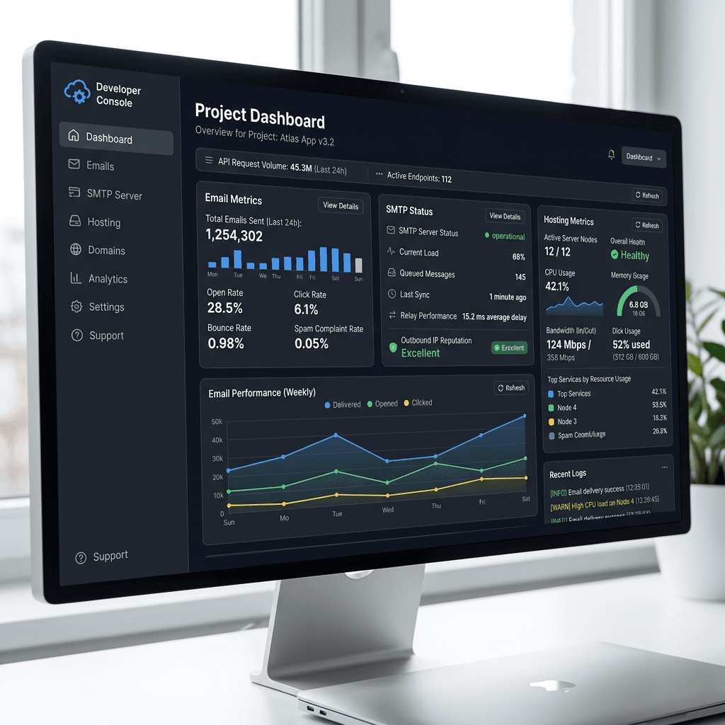 Developer console dashboard with email metrics, SMTP status, hosting metrics, and email performance graphs