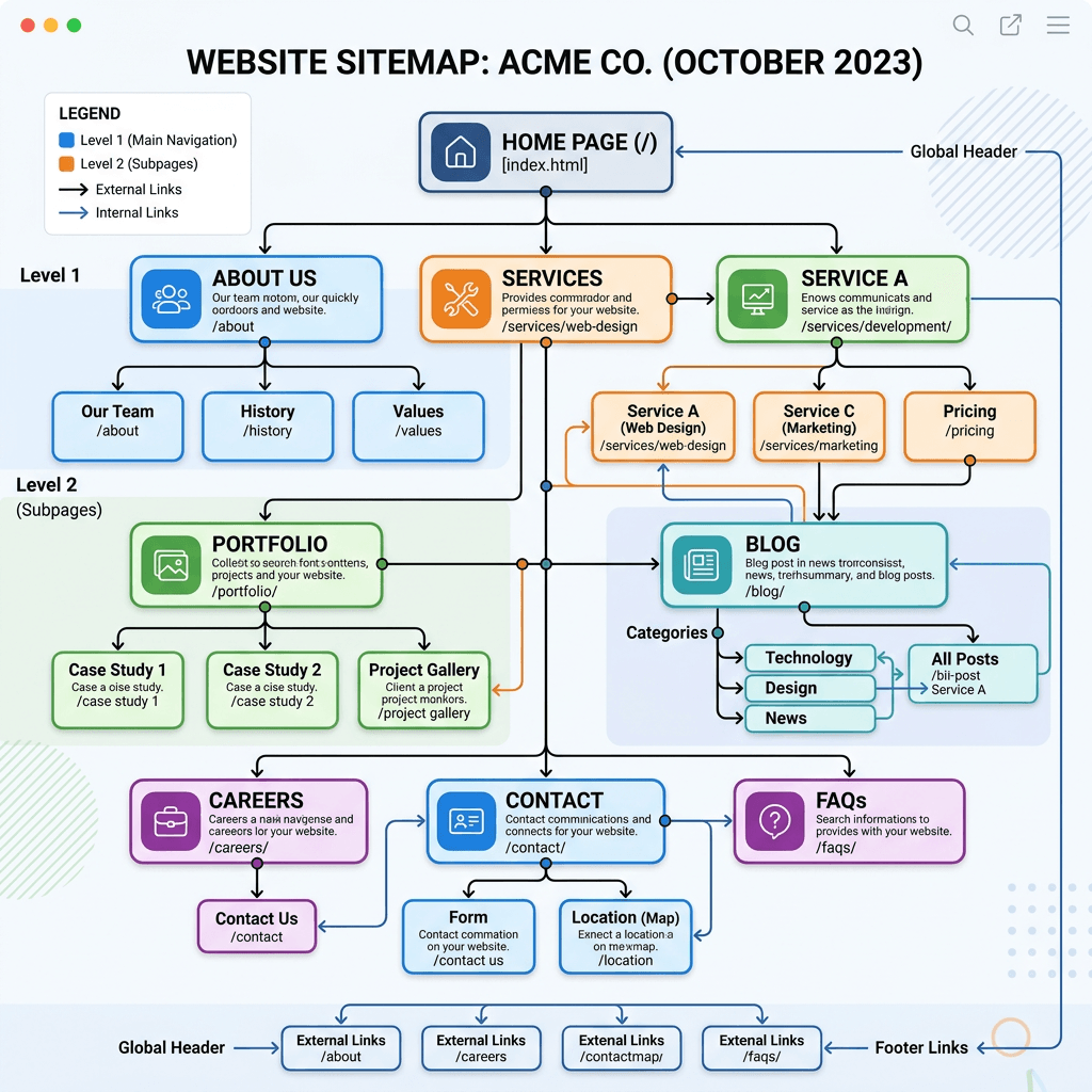 Website sitemap of ACME Co. with main navigation, subpages, external and internal links.