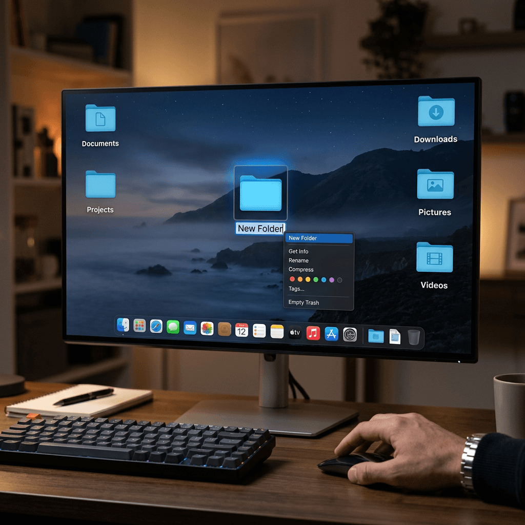 Computer desktop showing folders named Documents, Projects, Downloads, Pictures, Videos, and a new folder being created.