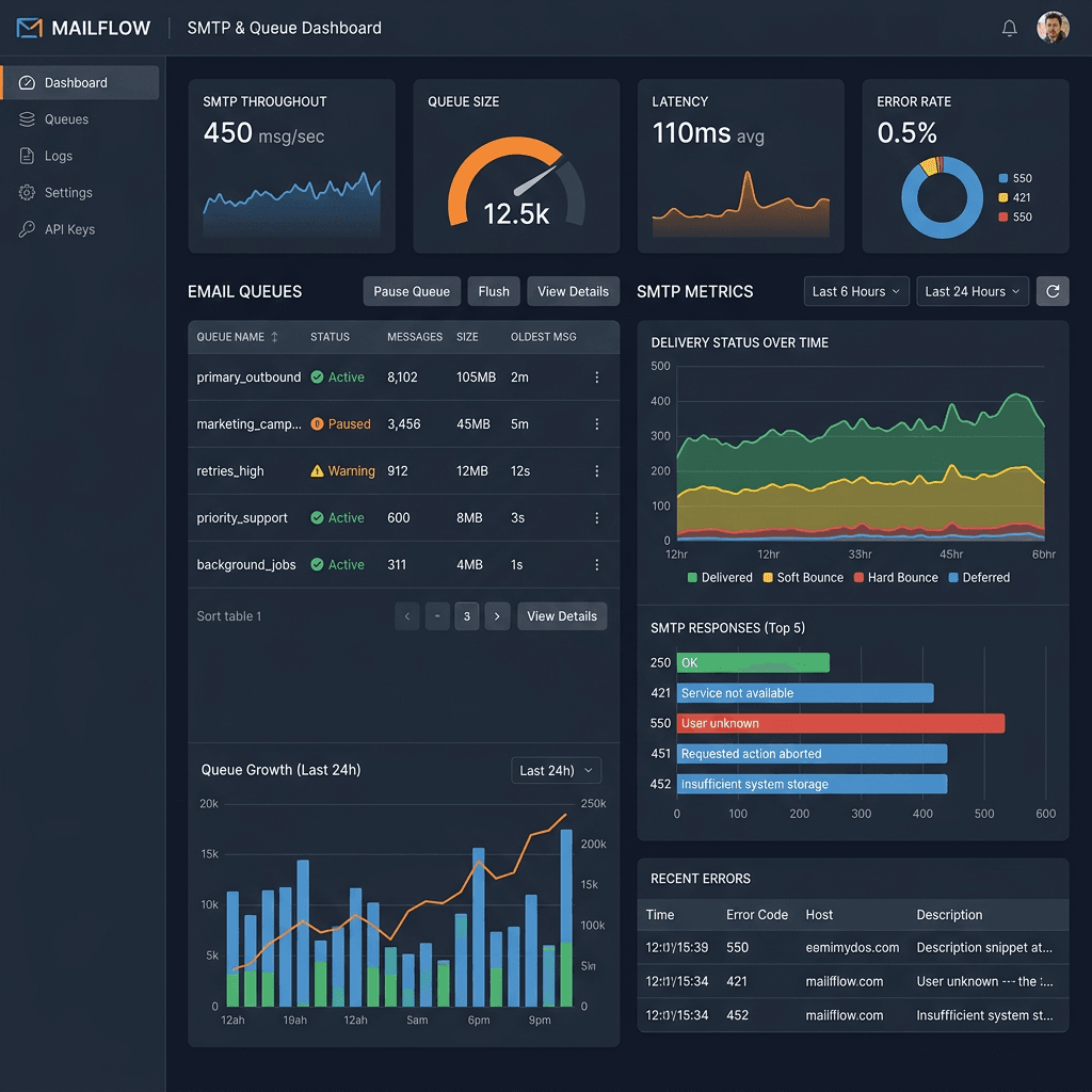 Dashboard displaying email SMTP throughput, queue sizes, latency, error rates, and queue status with charts and metrics.