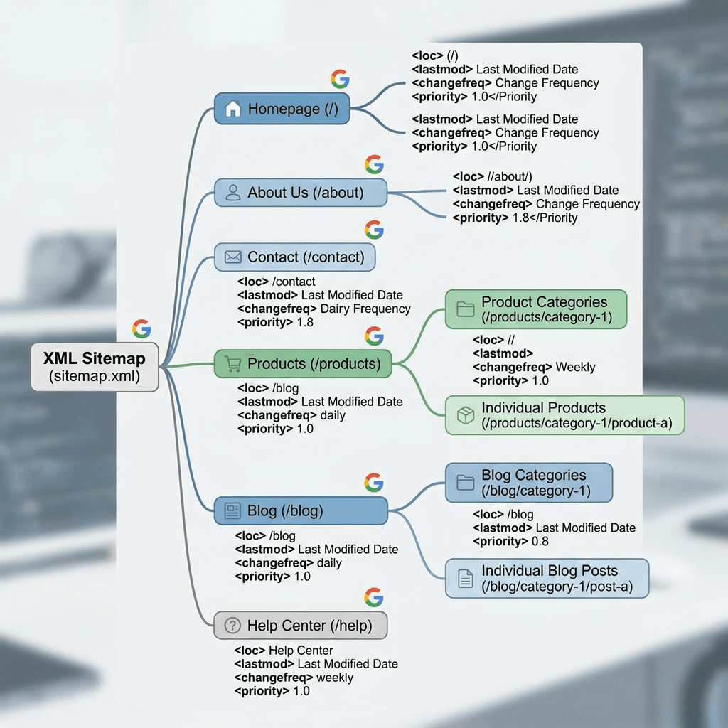 Diagram showing XML sitemap with homepage, about, contact, products, blog, and help center including categories and priority tags