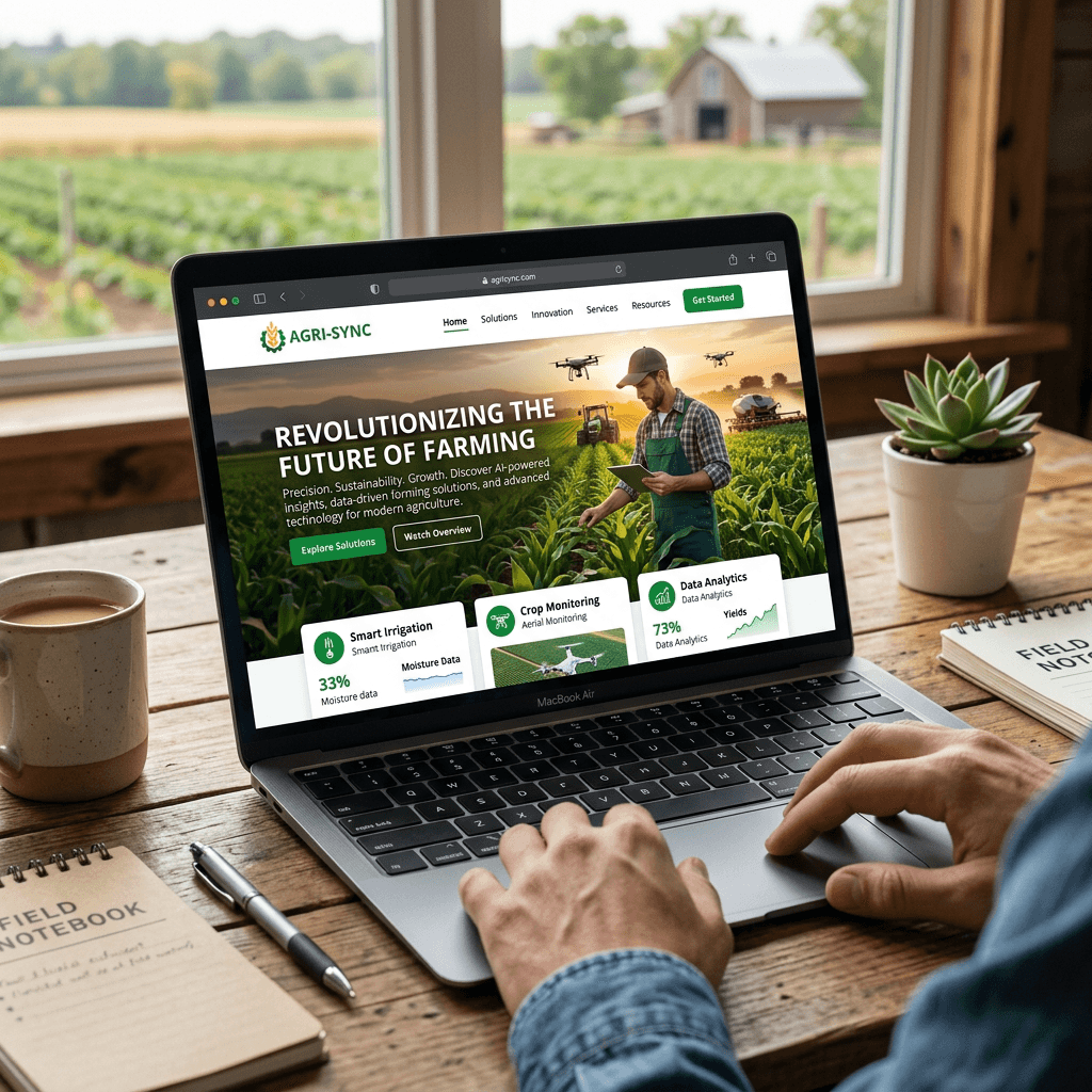 Laptop screen displaying Agri-Sync website focused on AI-powered farming solutions