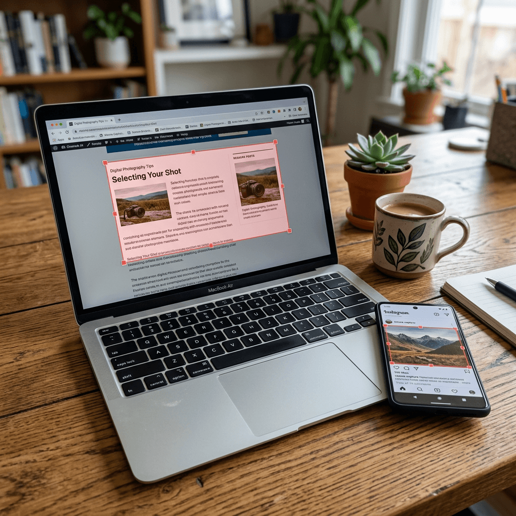 Laptop showing digital photography tips article and smartphone displaying Instagram post with mountain photo