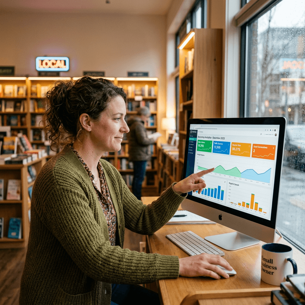 Woman pointing at business analytics charts on a desktop screen in a bookstore