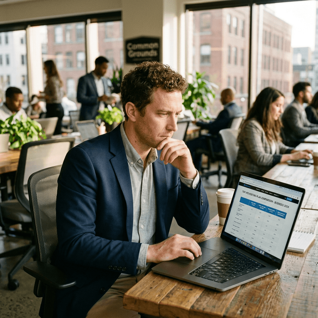 Man in blue blazer focused on laptop showing a comparison table of top VPs hosting plans for business 2024