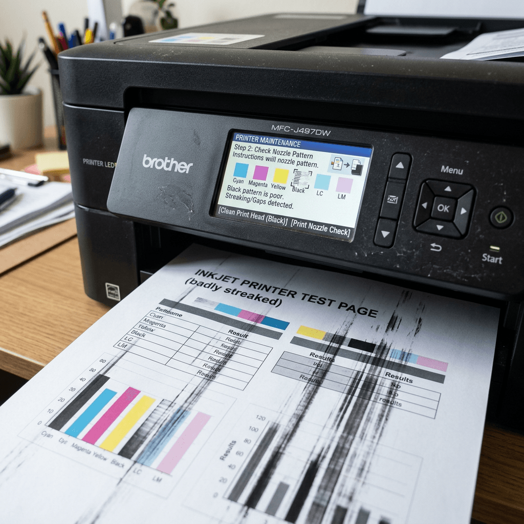 Brother printer with maintenance message and streaked test page