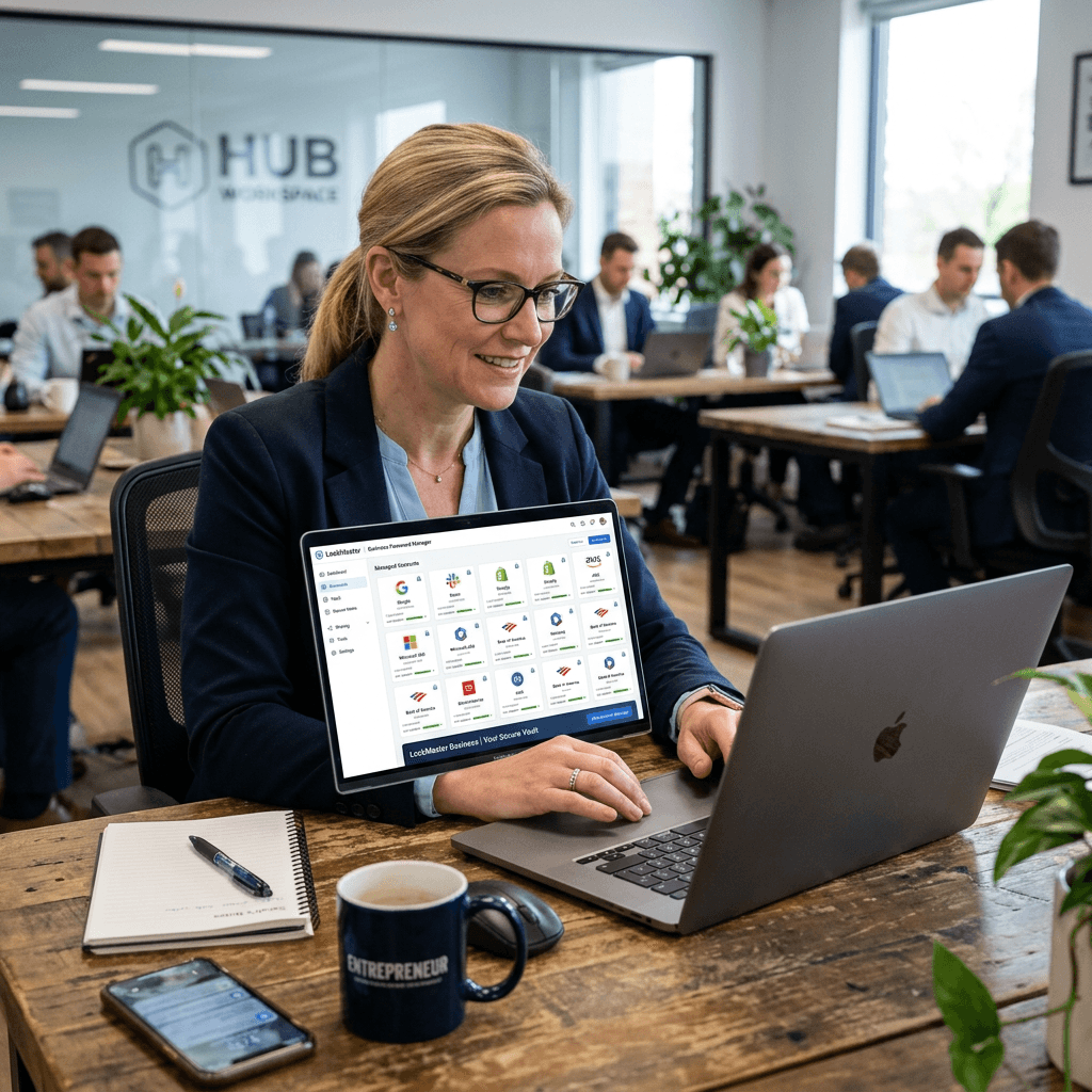 Woman using password manager application on laptop in shared office space