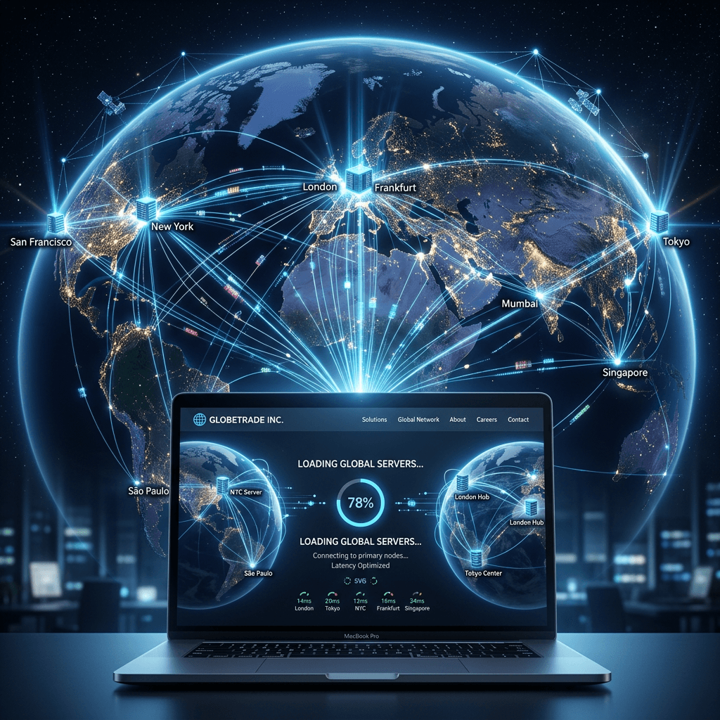 Laptop screen showing real-time global server connections between cities like London, New York, Tokyo, and Singapore