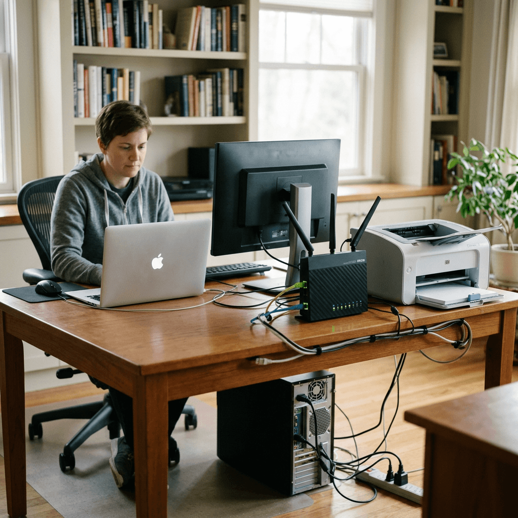 Person sitting at a desk working on a laptop with a desktop monitor, router, and printer
