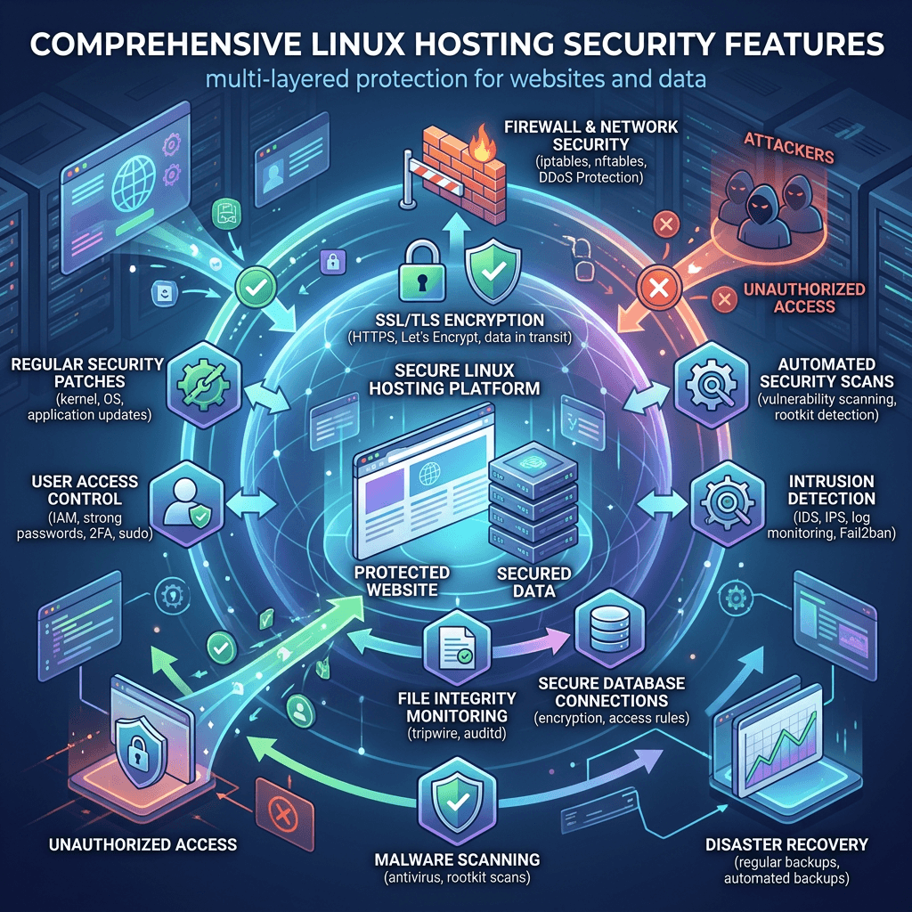 Multi-layered Linux hosting security features including firewall, SSL encryption, user access control, automated scans, intrusion detection, malware scanning, and disaster recovery.