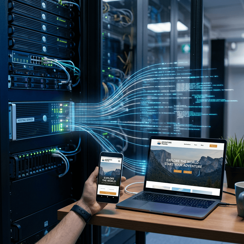 Hosting server data connections transmitting to a laptop and smartphone showing a travel webpage