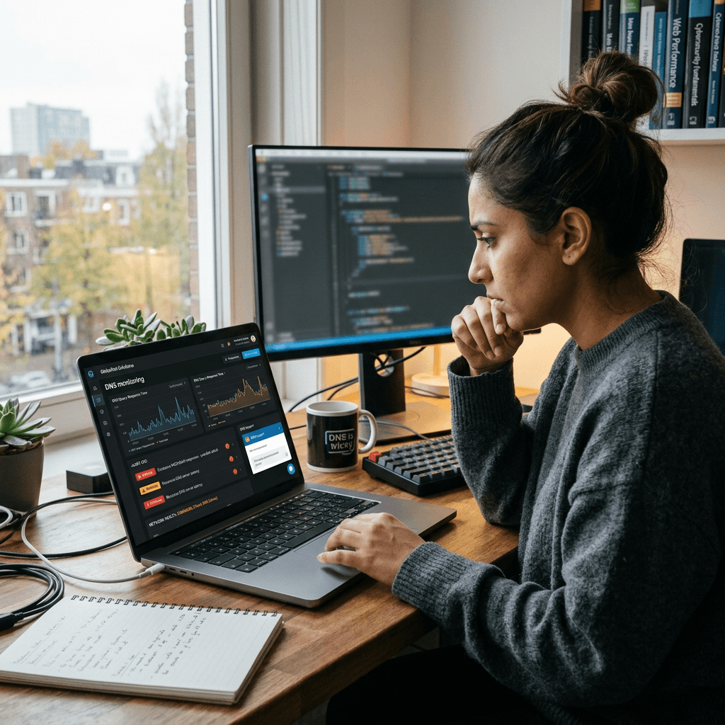 Person analyzing DNS monitoring data on laptop with code on desktop screen
