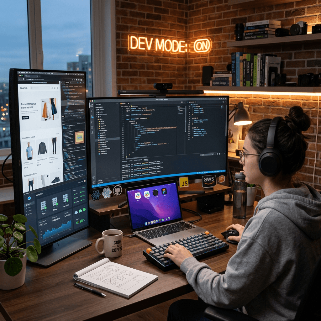 Person wearing headphones coding on multiple monitors in a cozy room