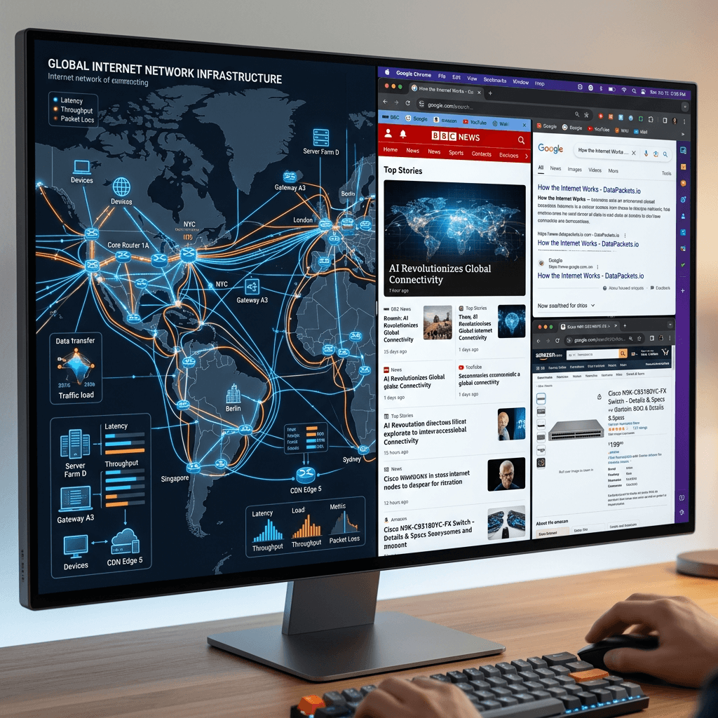 Computer monitor displaying global internet network infrastructure map with data flow and latency, alongside a news website about AI and internet technology.