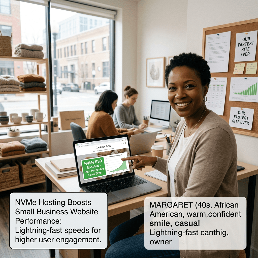 African American woman pointing to laptop screen showing website speed improvement with NVMe SSD