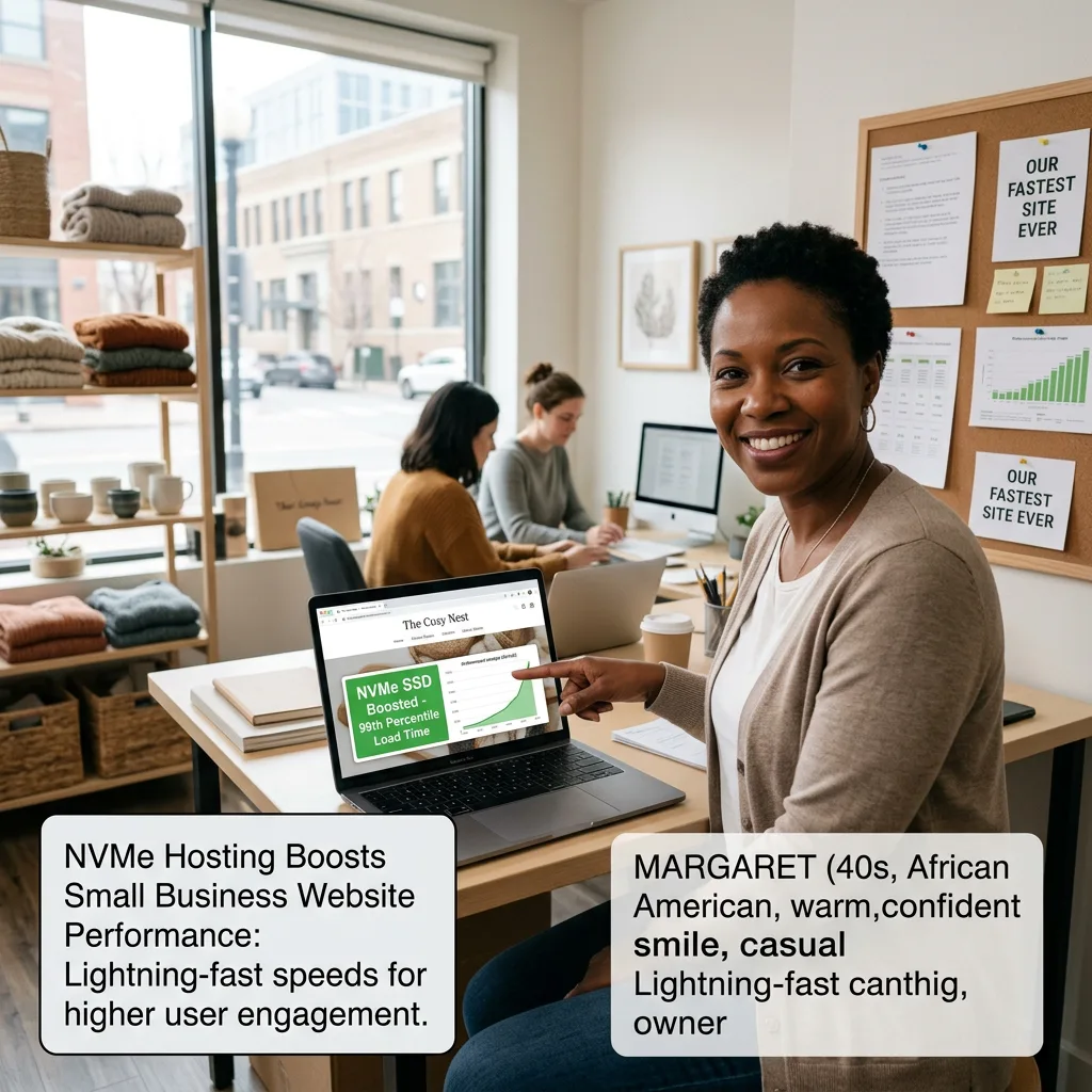 African American woman pointing to laptop screen showing website speed improvement with NVMe SSD