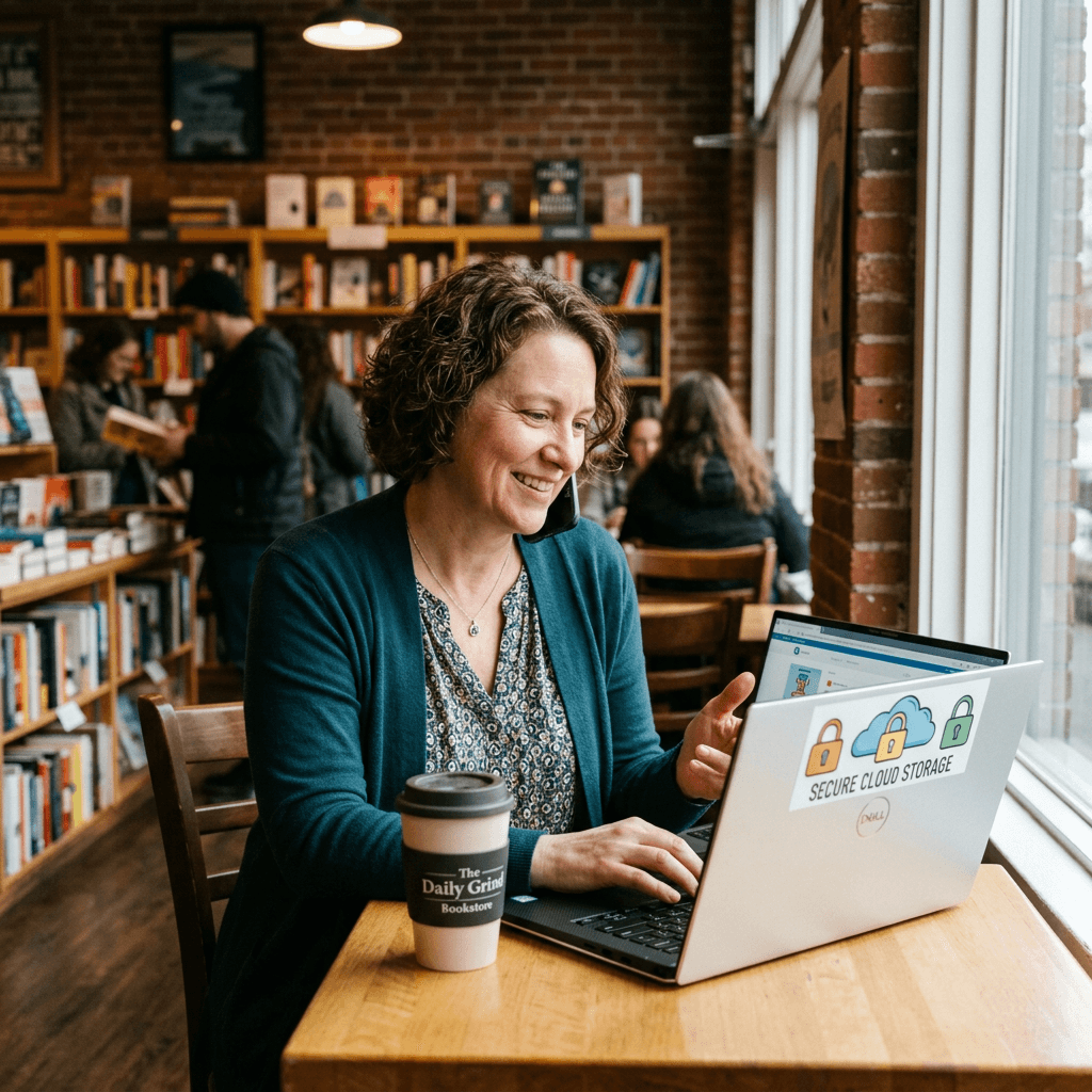 Woman using laptop and talking on phone at a table in a bookstore