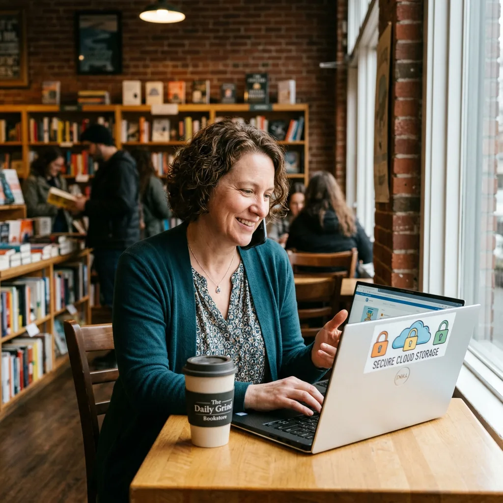 Woman using laptop and talking on phone at a table in a bookstore