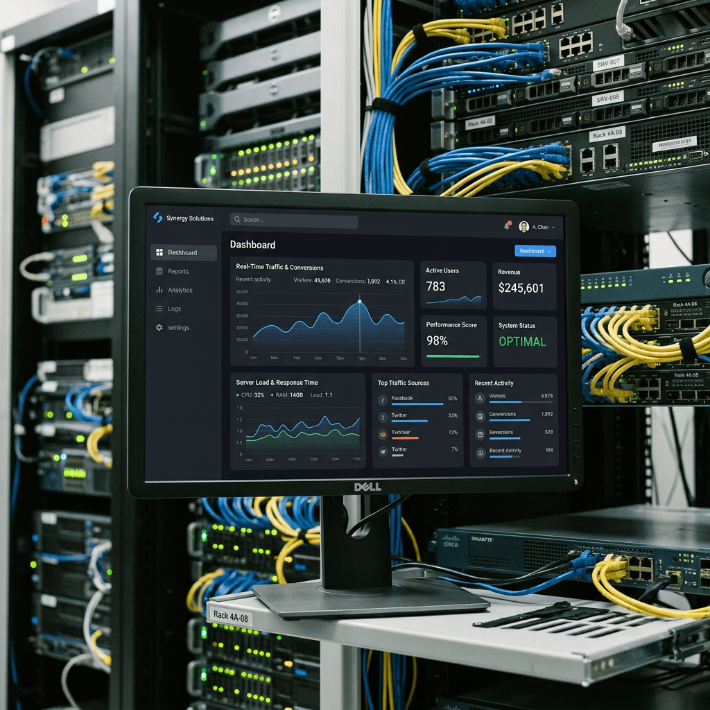 Dashboard showing network traffic, server load, active users, revenue, and system status in a server room