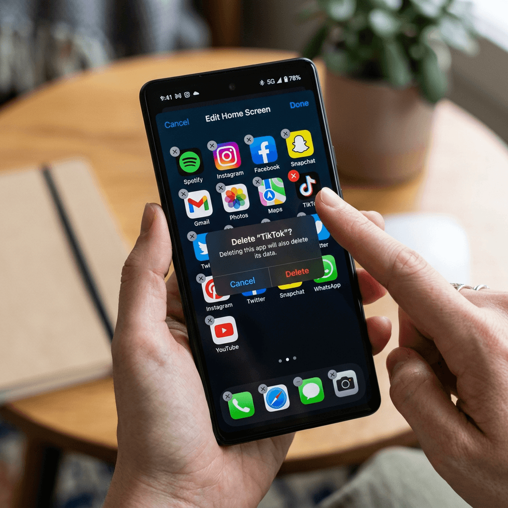 Smartphone screen showing TikTok app deletion confirmation prompt