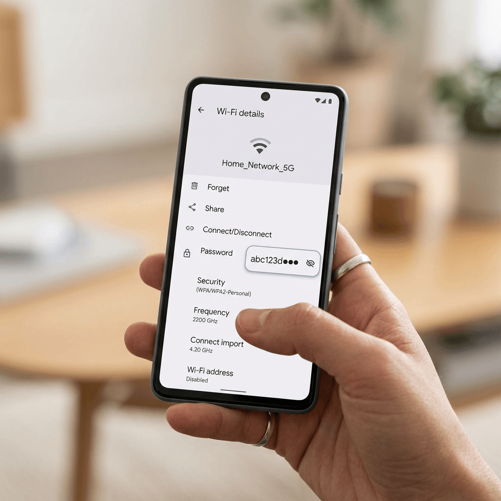 Smartphone screen showing Wi-Fi details for network Home_Network_5G with options to forget, share, connect/disconnect, and view password