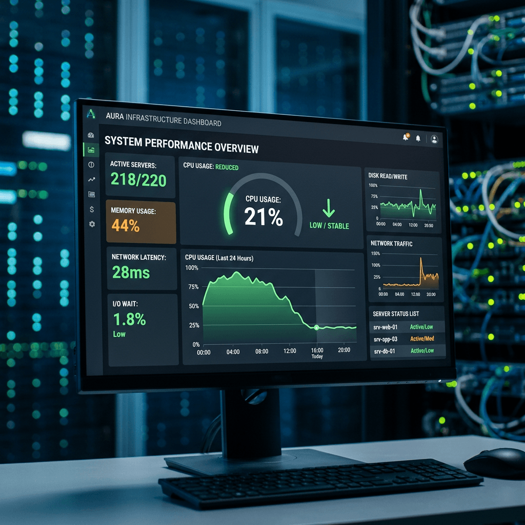 Dashboard displaying server performance, CPU usage, memory usage, network latency, and disk read/write stats