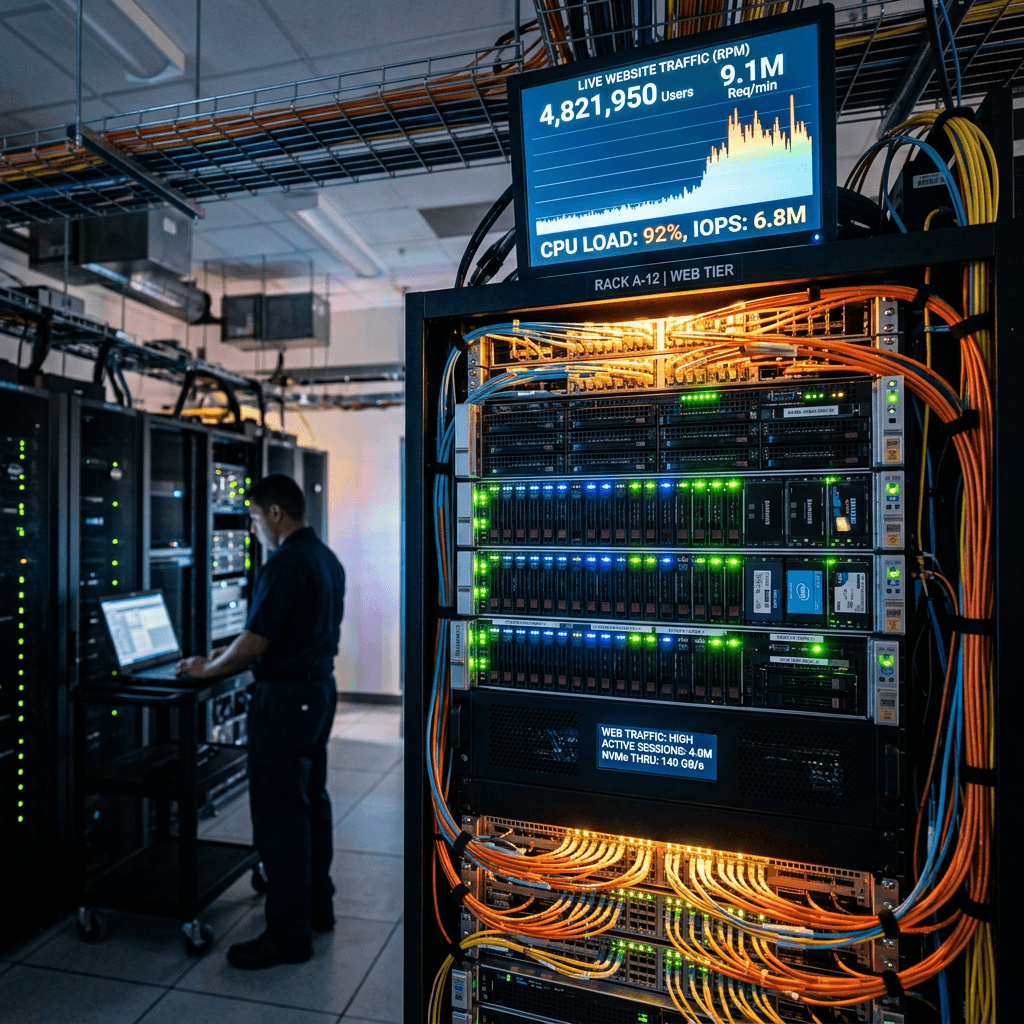 Technician using laptop near server racks displaying live website traffic and CPU load