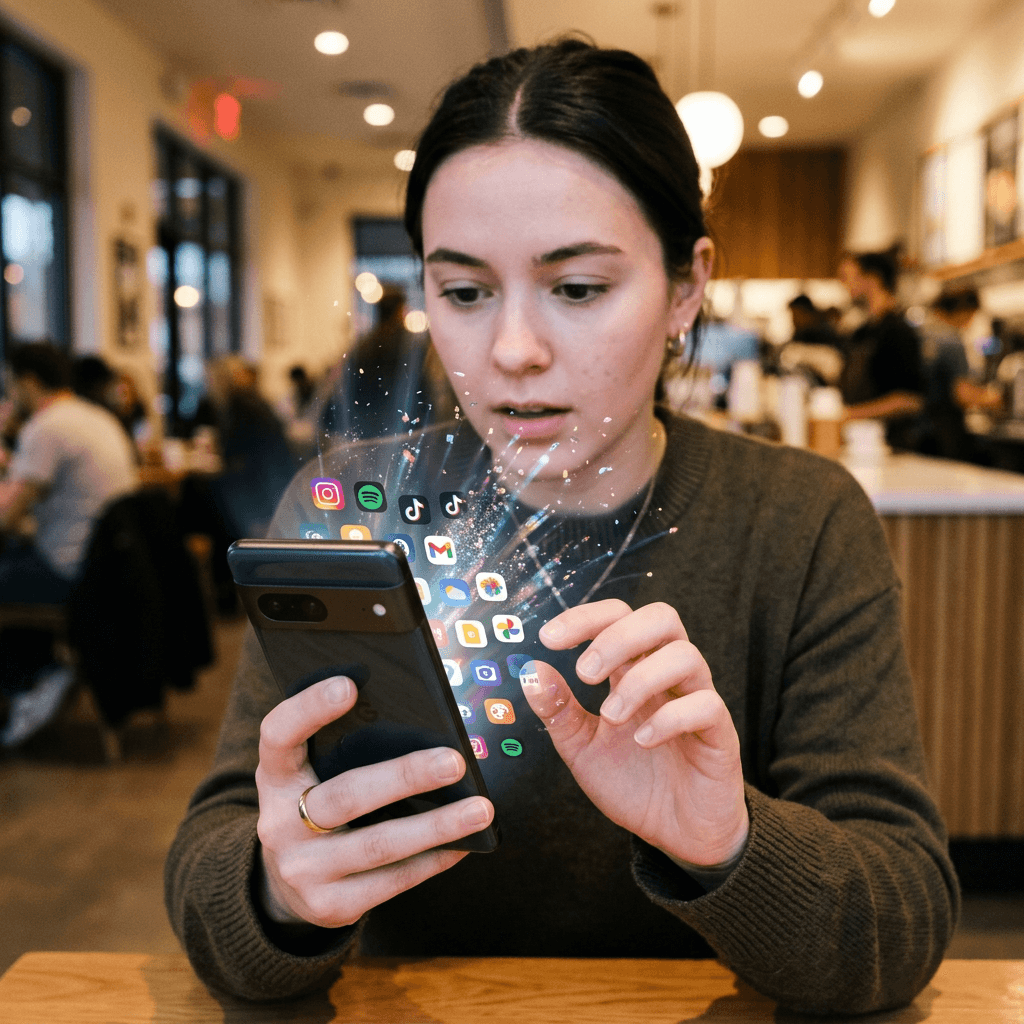 Woman using smartphone with digital app icons floating above screen