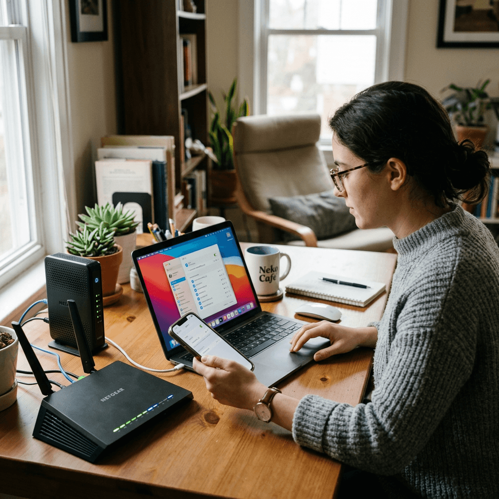 Woman using smartphone and laptop at a wooden desk with routers and plants.