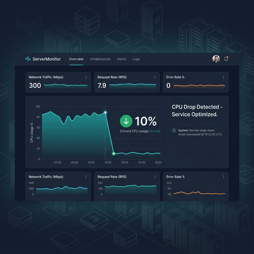 Server monitoring dashboard showing network traffic, request rate, error rate, and CPU usage decrease notification