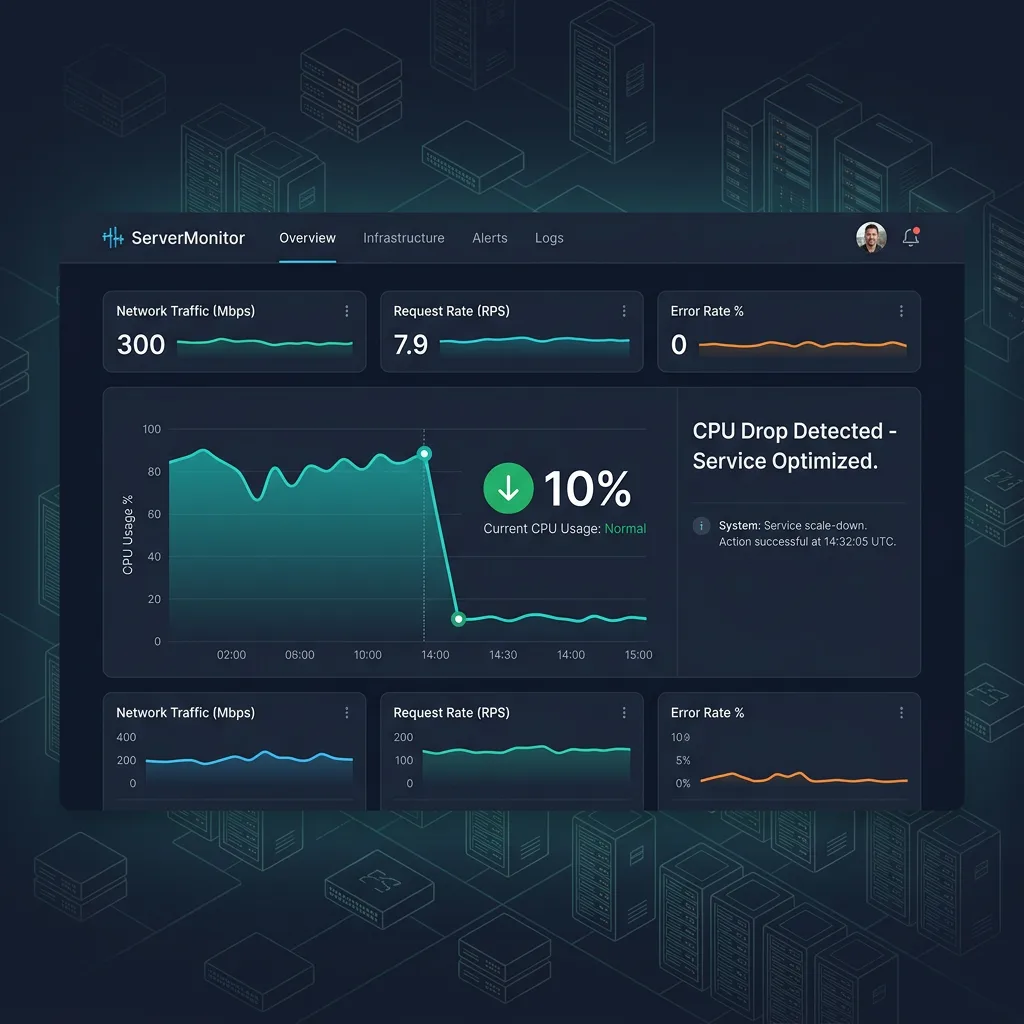 Server monitoring dashboard showing network traffic, request rate, error rate, and CPU usage decrease notification