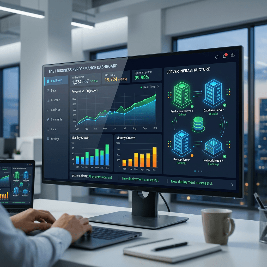 Business performance dashboard with user statistics, revenue charts, and server infrastructure status