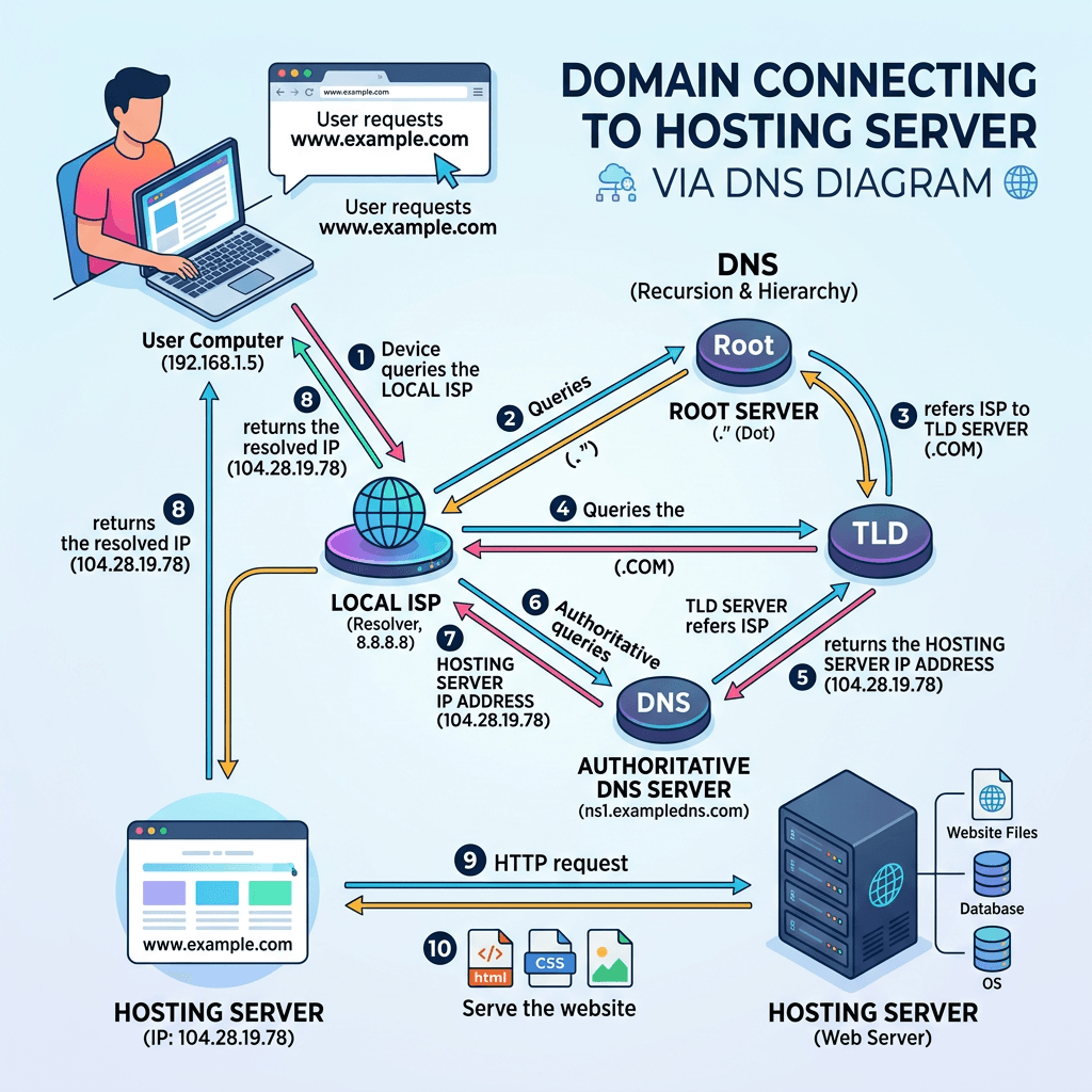 Flowchart showing DNS query steps from user computer to hosting server including root, TLD, local ISP, and authoritative DNS server.