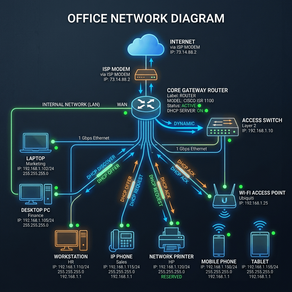 Office network diagram with router, switch, modem, Wi-Fi access point, and various connected devices