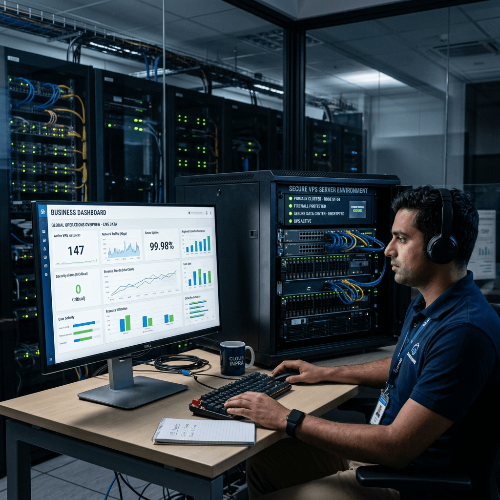IT professional monitoring server data on computer in secure server room