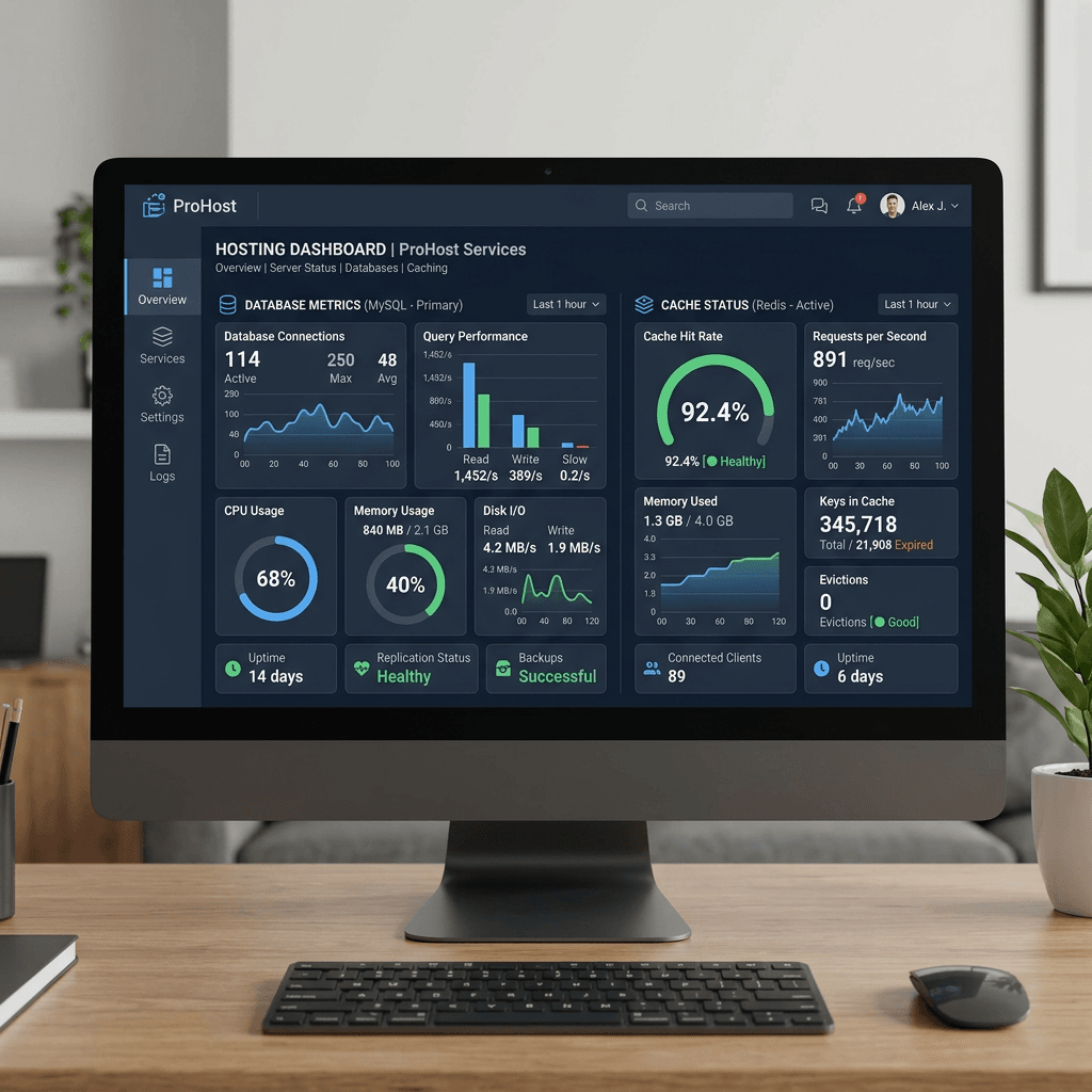 ProHost hosting dashboard showing database connections, query performance, cache status, CPU usage, memory usage, disk I/O, keys in cache, evictions, connected clients, and uptime information.