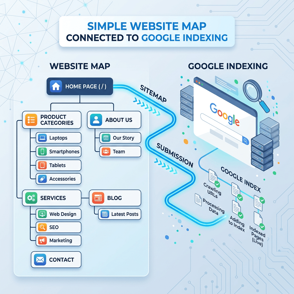 Website sitemap structure connected to Google indexing workflow