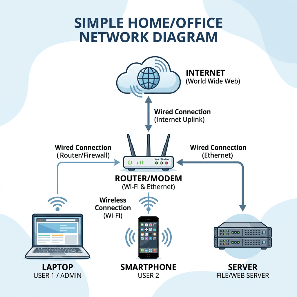 Network diagram connecting internet, router/modem, laptop, smartphone, and server with wired and wireless links
