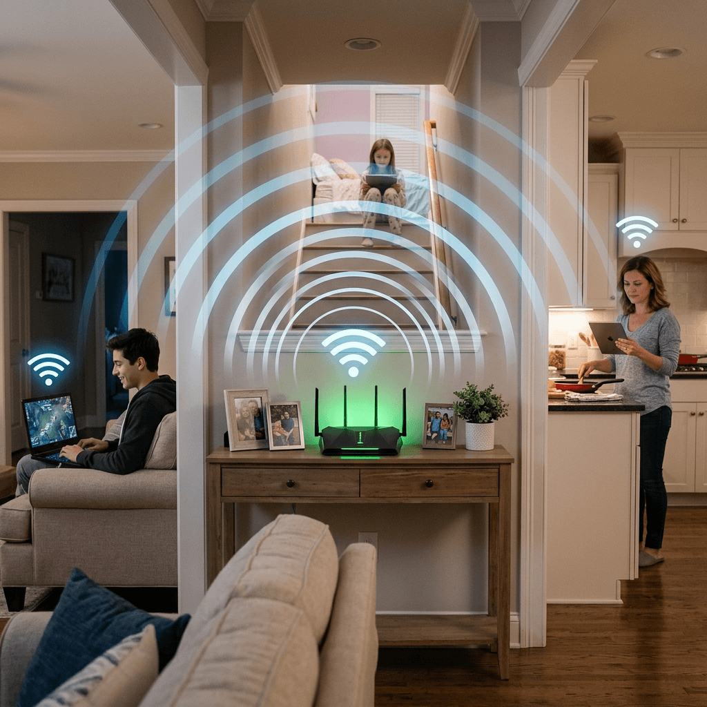 WiFi router emitting signal to family members on laptops and tablets in different rooms