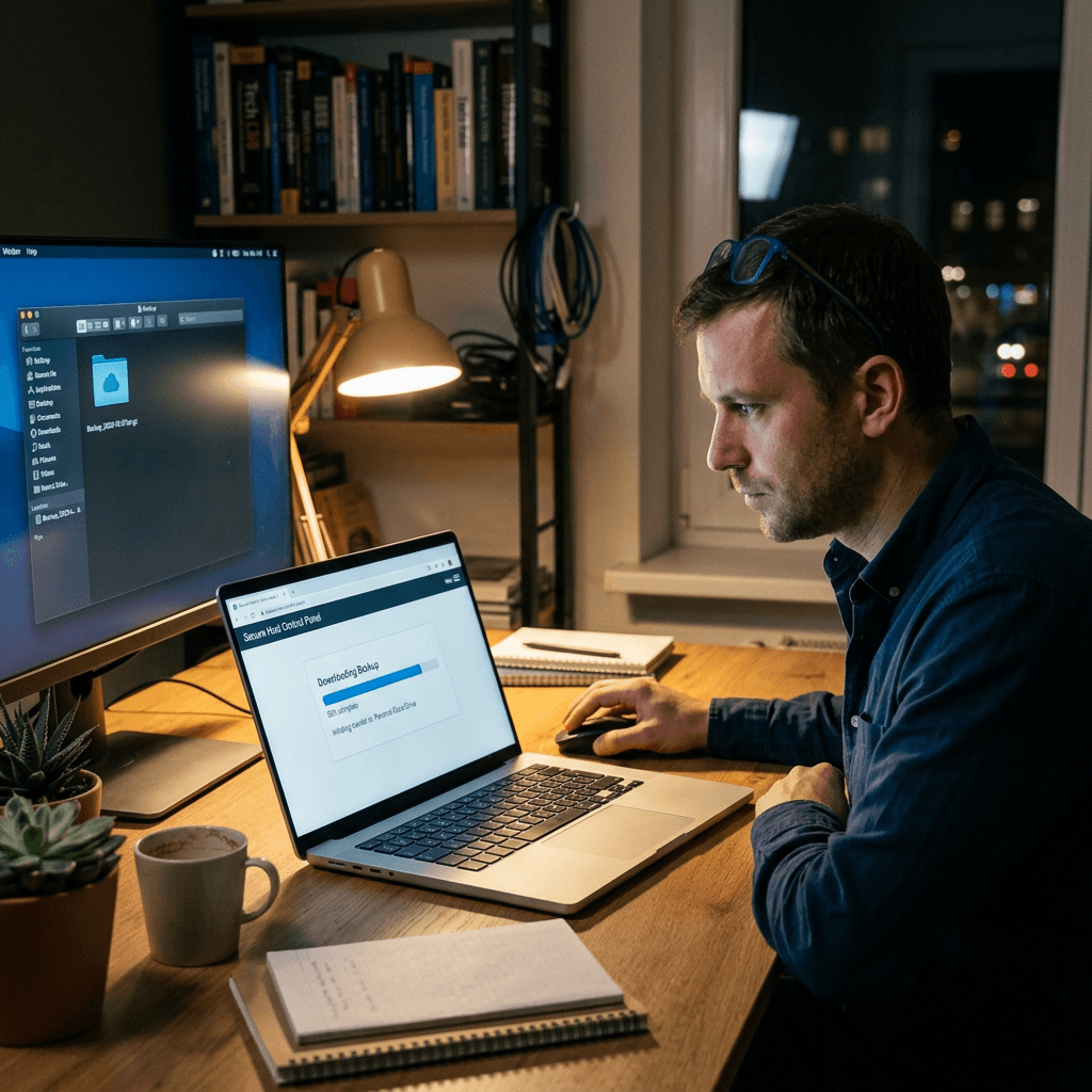 Man using laptop at desk with external monitor and workspace items