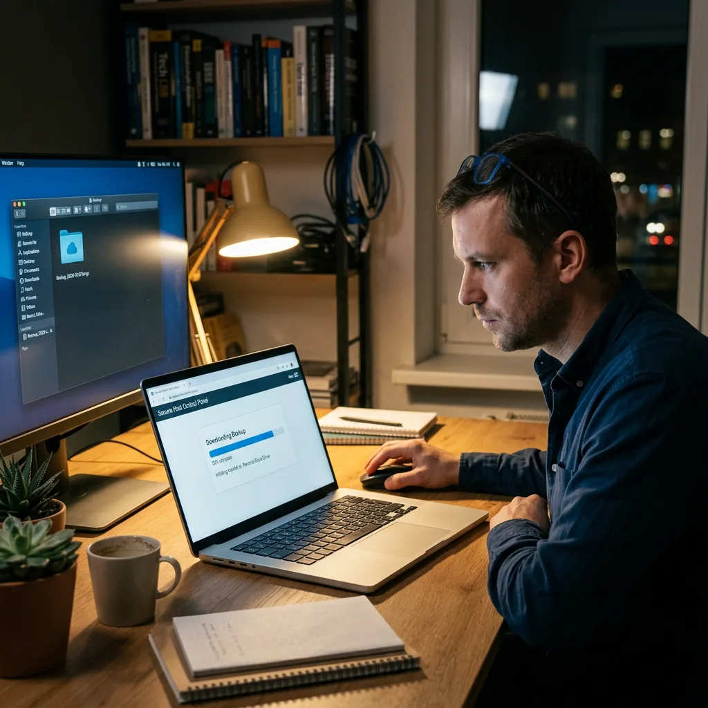Man using laptop at desk with external monitor and workspace items