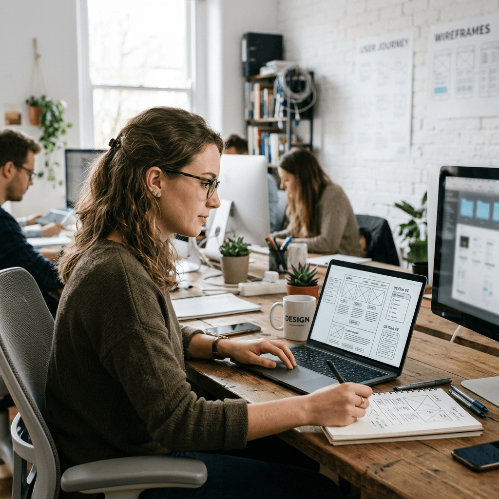 Woman drawing wireframes and UX layouts on notebook and laptop in office