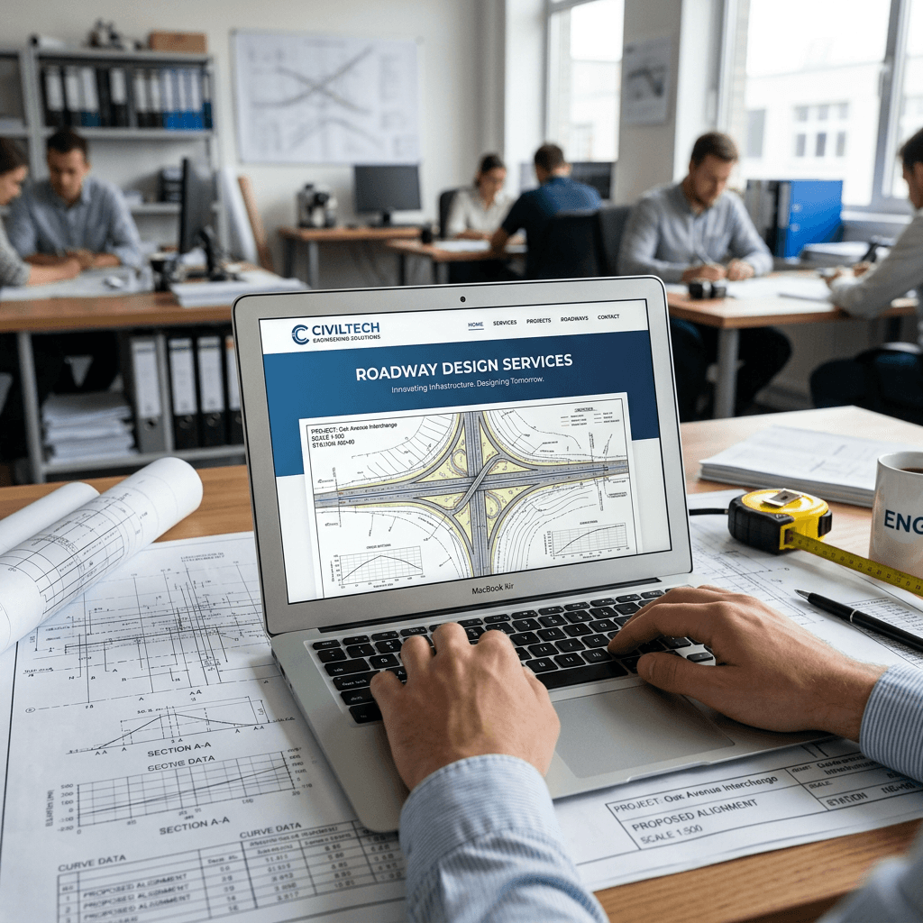 Laptop displaying roadway design services page with engineering plans and technical drawings on desk