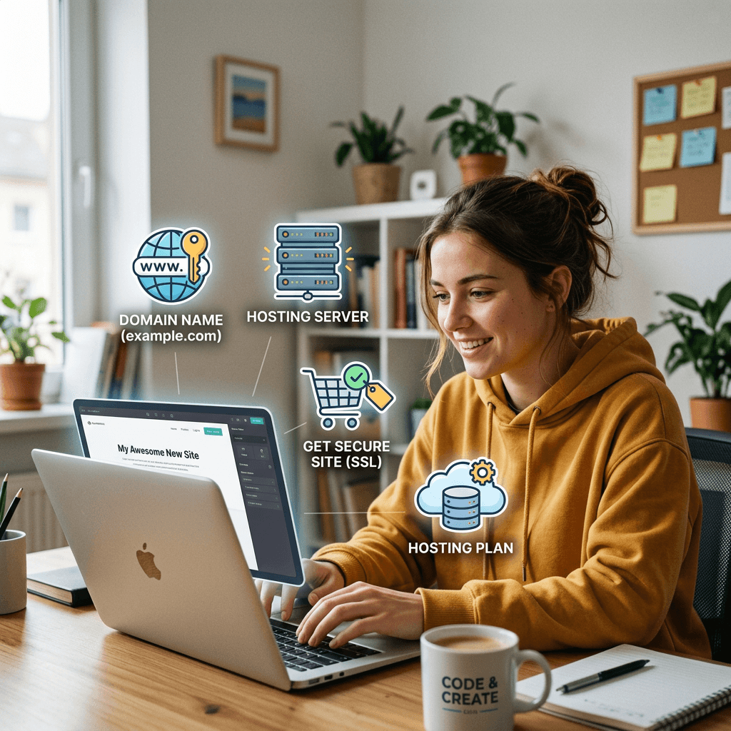 Woman using laptop with icons for domain name, hosting server, SSL, and hosting plan