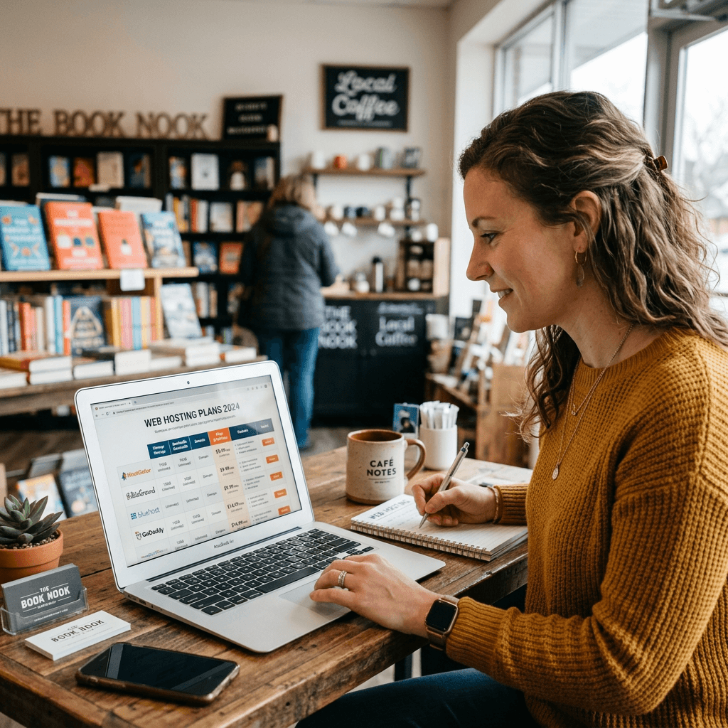 Woman looking at web hosting plans on laptop and writing notes in a cafe